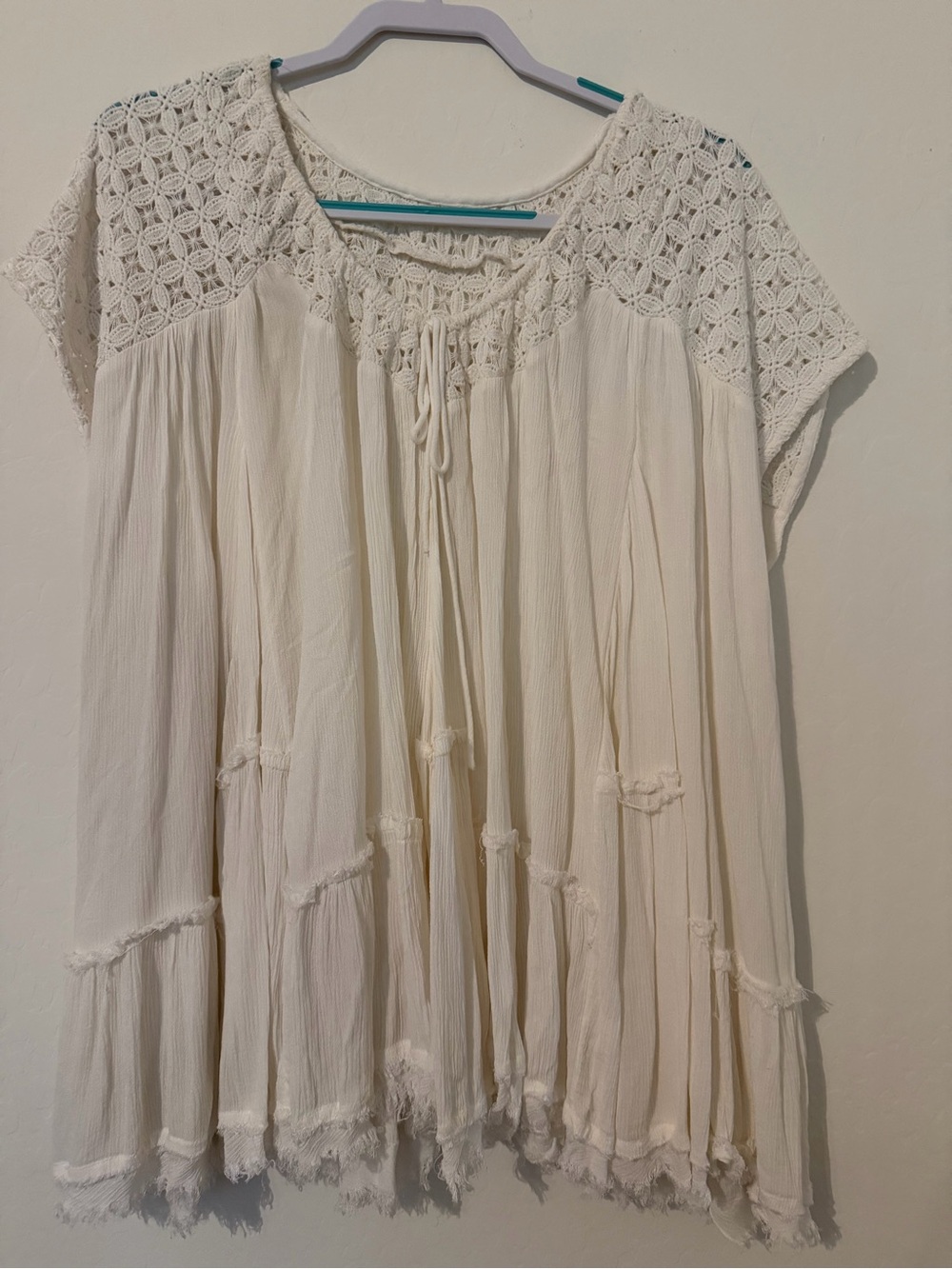 Free People White Crochet Yoke Boho Top/Beach Coverup with Tie Neck, Small New